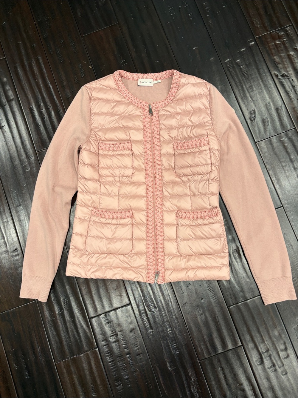 Moncler Light Pink Quilted Knit-Sleeve Puffer Jacket